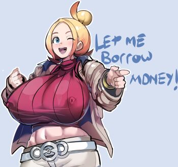1girl blonde_hair breasts brown_jacket covered_erect_nipples english_text female_focus highres huge_breasts jacket julioalqae midriff navel nintendo one_eye_closed pokemon short_hair solo taunie_(pokemon) white_background wink