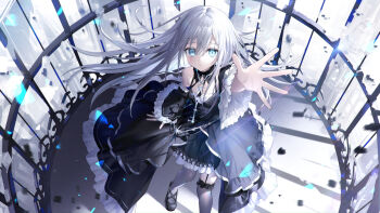 1girl aqua_eyes arm_up asymmetrical_legwear birdcage black_collar black_dress black_shoes cage collar commentary_request detached_sleeves dress foot_out_of_frame frilled_collar frilled_skirt frilled_sleeves frills from_above gothic_lolita grey_hair grey_pantyhose grey_thighhighs hair_between_eyes in_cage jewelry kazunehaka key key_necklace layered_skirt lolita_fashion long_hair long_sleeves looking_at_viewer mismatched_legwear necklace original pantyhose reaching reaching_towards_viewer shoes showgirl_skirt skirt sleeves_past_wrists standing thigh_strap thighhighs white_hair