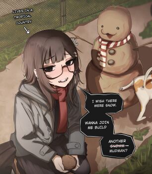 1girl absurdres animal arrow_(symbol) ball black-framed_eyewear black_eyes black_hair black_shirt coat commentary dog ear_piercing english_commentary english_text glasses grey_coat hair_ornament hairclip highres holding holding_ball hood hooded_coat long_sleeves looking_at_viewer medium_hair mikuneki mud open_mouth original parallel_hairclips piercing red_scarf riyo_kaede_(mikuneki) scarf semi-rimless_eyewear shirt smile solo speech_bubble striped_clothes striped_scarf talking under-rim_eyewear x_anus