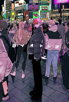 Rule 34 | 5boys, 6+girls, black hair, blonde hair, braid, braided ponytail, brown coat, brown hair, brown jacket, chainsaw man, closed eyes, coat, crowd, denji (chainsaw man), eyepatch, forehead, fur-trimmed jacket, fur trim, grey coat, grey hair, hayakawa aki, higashiyama kobeni, highres, himeno (chainsaw man), hood, hoodie, horns, jacket, katana man (chainsaw man), kishibe (chainsaw man), long hair, long sleeves, looking at another, looking at viewer, makima (chainsaw man), medium hair, multiple boys, multiple girls, open mouth, pink hair, ponytail, power (chainsaw man), princi (chainsaw man), red hair, red hoodie, red horns, ringed eyes, road, sawatari akane (chainsaw man), sharp teeth, short hair, short ponytail, sideburns, sideways glance, single sidelock, sleeves past wrists, smile, street, swept bangs, takeuchi ryousuke, teeth, topknot, trench coat, violence fiend (chainsaw man), white hoodie, yellow eyes