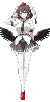 1girl absurdres artist_self-insert bird bird_wings black_necktie black_skirt black_wings blush breasts brown_hair closed_mouth collared_shirt commentary frilled_skirt frills full_body geta hat highres looking_at_viewer necktie pantyhose pointy_ears pom_pom_(clothes) puffy_short_sleeves puffy_sleeves red_eyes red_hat red_shoes ribbon-trimmed_skirt ribbon_trim rise_(rise19851203) shameimaru_aya shirt shoes short_sleeves simple_background skirt smile solo tengu-geta tokin_hat touhou white_background white_bird white_pantyhose white_shirt wings