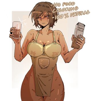 1girl apron arczaeon blush brown_apron brown_hair chocolate_milk closed_mouth commentary cowboy_shot cup dark-skinned_female dark_skin detached_sleeves drink_carton english_commentary frown grey_background highres holding holding_cup holding_milk_carton implied_lactation limbus_company looking_afar milk_carton naked_apron orange_eyes outis_(project_moon) project_moon short_hair solo white_background