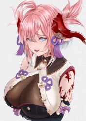 Rule 34 | 1girl, absurdres, ahoge, arms under breasts, blue eyes, breasts, chichiri, cleavage, draph, fujiyama samu, gradient hair, granblue fantasy, hair ornament, highres, horns, large breasts, looking at viewer, multicolored hair, open mouth, pink hair, pointy ears, sleeveless, smile, solo, tassel, tassel hair ornament, upper body