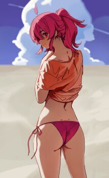 1girl absurdres ass bikini bikini_bottom_only blue_sky blurry blurry_background closed_mouth cloud cloudy_sky commentary from_behind highres idolmaster idolmaster_shiny_colors komiya_kaho looking_at_viewer looking_back nape olys orange_shirt outdoors pink_bikini red_eyes red_hair shirt short_sleeves side-tie_bikini_bottom sky smile solo swimsuit thighs twintails