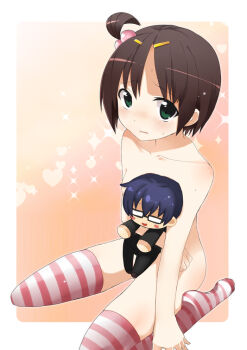 Rule 34 | 1girl, blush, brown hair, censored, collarbone, convenient censoring, corpse party, doll, embarrassed, female focus, green eyes, hair bobbles, hair ornament, hairpin, heart, holding, looking at viewer, morishige sakutarou, nude, osomatsu (nanameno), short hair, sitting, solo, sparkle, striped clothes, striped thighhighs, suzumoto mayu, sweatdrop, thighhighs