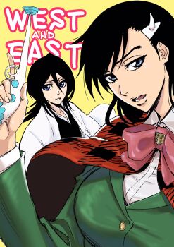 2girls black_hair bleach bleach:_epilogue blue_eyes bow bowtie breasts burn_the_witch cape checkered_cape checkered_clothes green_jacket gun hair_between_eyes haori highres holding holding_gun holding_weapon in-franchise_crossover jacket japanese_clothes kuchiki_rukia kudou_masashi large_breasts long_hair multiple_girls niihashi_noel red_bow red_bowtie shihakusho taichou_haori third-party_source trigger_discipline weapon