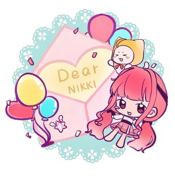 Rule 34 | > <, 1girl, absurdly long hair, animal, animal on head, aqua background, balloon, bare legs, bare shoulders, barefoot, belt, birthday, black belt, black bow, black ribbon, blunt bangs, blush stickers, bow, bowtie, brown eyes, buttons, cat, cat on head, character name, chibi, chinese commentary, cloak, clothed animal, clover, commentary request, confetti, ear covers, english text, envelope, eyelashes, four-leaf clover, fox39367, frilled shirt, frills, hair bow, hair ribbon, highres, hood, hood up, hooded cloak, infinity nikki, lace background, layered skirt, letter, long hair, long sidelocks, long sleeves, looking at viewer, low twintails, miniskirt, momo (nikki), nikki (nikki), nikki (series), off-shoulder shirt, off shoulder, on head, open mouth, pink hair, pink skirt, print skirt, puffy long sleeves, puffy sleeves, red bow, red bowtie, ribbon, shirt, sidelocks, single blush sticker, skirt, smile, snowflake print, star (symbol), tress ribbon, twintails, two-tone background, v-shaped eyebrows, very long hair, wavy hair, whimstar (infinity nikki), white background, white cat, white shirt, white skirt, yarn, yellow cloak