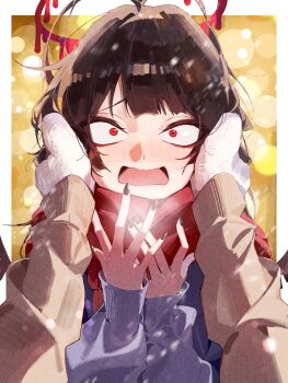 1girl 1other absurdres antenna_hair black_hair black_nails blood blood_halo blue_archive blush border commentary_request constricted_pupils embarrassed gloves halo hands_on_another's_face hands_up highres liquid_halo loft_stein long_hair long_sleeves looking_at_viewer melting_halo nail_polish open_mouth outside_border pov pov_hands purple_sweater red_eyes red_halo red_scarf scarf sleeves_past_wrists snowing surprised sweater tsurugi_(blue_archive) white_border white_gloves yellow_sweater