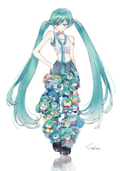 1girl :/ absurdres aqua_eyes aqua_hair aqua_necktie arm_tattoo artist_name asymmetrical_sidelocks black_shoes blush bow character_doll character_request closed_mouth collarbone commentary_request crop_top denim doll fortissimo full_body fuwapuchi hachune_miku hair_ornament hairclip hand_on_own_hip hatsune_miku highres invisible_floor jeans long_hair looking_at_viewer loose_necktie magical_mirai_(vocaloid) magical_mirai_miku magical_mirai_miku_(2013) musical_note musical_note_hair_ornament navel necktie number_tattoo pants photo-referenced reflective_floor sakura_miku shoes sidelocks signature solo sukicakie tank_top tattoo tie_clip too_many too_many_dolls twintails very_long_hair vocaloid white_tank_top yuki_miku
