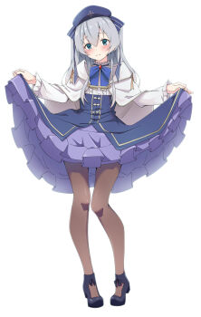 1girl blue_bow blue_bowtie blue_dress blue_eyes blue_hat blue_shoes blush bow bowtie brown_pantyhose cape capelet celia_claire clothes_lift commentary_request dress embarrassed frilled_dress frills gem grey_hair hat hat_ribbon highres layered_dress lifting_own_clothes long_hair long_sidelocks motsutoko pantyhose red_gemstone ribbon seirei_gensouki shoes sidelocks skirt skirt_lift solo two_side_up very_long_sidelocks white_cape white_capelet
