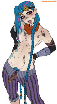 1girl arcane:_league_of_legends arcane_jinx bandaid bandaid_on_face bandaid_on_nose bandana bandana_around_neck bare_shoulders belt black_gloves blue_hair blue_pubic_hair blush braid braided_ponytail breasts brown_belt clothes_pull colored_pubic_hair elbow_gloves eyelashes eyewear_on_head feet_out_of_frame fingerless_gloves gloves hands_on_own_hips highres jinx_(league_of_legends) league_of_legends long_hair looking_at_viewer multicolored_hair navel nose pants pants_pull patreon_username pubic_hair purple_eyes purple_hair purple_pants red_bandana shoulder_tattoo simple_background small_breasts solo stomach stomach_tattoo stopu striped_clothes striped_pants tattoo teeth tongue topless_female twin_braids two-tone_hair upper_teeth_only very_long_hair white_background