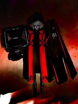 1girl black_coat coat commentary_request full_body goddess_of_victory:_nikke grey_hair highres hood hood_up hooded_coat multicolored_coat official_alternate_costume official_alternate_design red_coat skull solo standing two-tone_coat vesti_(nikke) vesti_(tactical_upgrade)_(nikke) xrcxnn