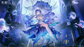 1girl absurdres asymmetrical_legwear breasts cantarella_(wuthering_waves) cleavage dress english_text fish full_body hair_spread_out headdress high_heels highres holding holding_umbrella jellyfish kneehighs large_breasts legwear_cutout logo long_hair official_art parasol purple_hair purple_theme purple_umbrella shoes socks solo thighhighs umbrella underwater uneven_legwear very_long_hair white_dress white_shoes white_socks white_thighhighs wuthering_waves