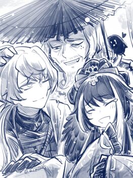 Rule 34 | 1girl, 2boys, a certain sinclair (project moon), aged up, alternate universe, animal, animal on shoulder, bird, bird on shoulder, bow, closed eyes, closed mouth, coat, crossed arms, double bun, facial hair, facial scar, frilled sleeves, frills, fur-trimmed coat, fur trim, goatee, greyscale, grin, hair bow, hair bun, hair over shoulder, hand on own arm, hat, headpat, heart, highres, jia xichun (project moon), light blush, limbus company, load bearing vest, long hair, low ponytail, momoatls, monochrome, multiple boys, mustache, night drifter (project moon), old, old man, one eye closed, open mouth, ponytail, project moon, raised eyebrows, scar, scar on cheek, scar on face, shirt, sidelocks, sinclair (project moon), sleeves past fingers, sleeves past wrists, smile, split mouth, straw hat, swept bangs, tearing up, teeth, trench coat, tsurime, turtleneck, turtleneck shirt, twitter username, undershirt, white background, zipper pull tab