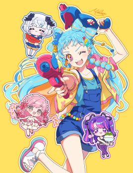 :d aikatsu!_(series) aikatsu_academy! arm_up bare_arms bare_legs bare_shoulders black_camisole black_ribbon blue_hair blue_outline blue_overalls blue_shirt blue_shoes blue_shorts bow bow-shaped_hair braid camisole chibi colored_eyelashes commentary_request dot_nose dress dress_bow food frilled_bow frills fruit full_body grey_hair hair_bow hair_ornament hair_ribbon hand_up heart heart_in_eye highres himeno_mieru holding holding_food holding_fruit holding_water_gun holding_watermelon hood hoodie legs_apart light_blush long_hair looking_at_viewer mamimu_meh medium_dress miyadani_risa multicolored_eyes multicolored_shoes no_nose one_eye_closed open_clothes open_hoodie open_mouth orange_eyes outline overall_shorts overalls pants parted_bangs pink_bow pink_eyes pink_hair pink_outline pink_shoes pointing pointing_at_viewer pom_pom_(clothes) pom_pom_hair_ornament purple_eyes purple_outline purple_pants ribbon rindou_taimu shaved_ice shirt shoes short_bangs short_hair short_sleeves shorts signature simple_background sleeveless sleeveless_dress sleeveless_shirt smile solo_focus standing standing_on_one_leg straight_hair symbol_in_eye twintails two-tone_eyes v-shaped_eyebrows wao_parin water_gun watermelon wavy_sidelocks white_dress white_shoes yellow_background yellow_hoodie yellow_outline yellow_shorts