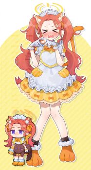 &gt;_&lt; 13_(spice!!) 1girl ahoge alternate_costume animal_ear_fluff animal_ears animal_hands ankle_socks apron black_socks blue_archive blush bow cat_ears cat_paws cat_tail dress enmaided extra_ears forehead four-finger_heart_hands frilled_apron frilled_dress frilled_gloves frills full-face_blush fur-trimmed_shoes gloves hair_ribbon halo hands_up heart heart_hands highres knees_together_feet_apart long_hair maid maid_apron maid_headdress open_mouth orange_bow orange_ribbon orange_shoes orange_tail paw_shoes peanut_mouth puffy_short_sleeves puffy_sleeves red_hair ribbon shoes short_sleeves small_sweatdrop socks tail tearing_up twintails wavy_hair white_gloves yellow_dress yellow_halo yuzu_(blue_archive)