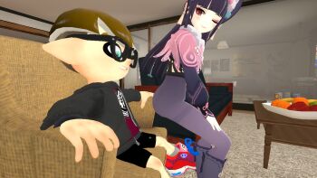1boy 1girl 3d aqua_eyes artist_request ass bike_shorts boots brown_hair capelet couch crossover genshin_impact glasses grin headdress inkling inkling_boy inkling_player_character lap_dance long_hair looking_back looking_down naughty_face nintendo one_eye_closed pantyhose purple_hair red_eyes short_hair sitting smile splatoon_(series) tentacle_hair very_long_hair wink yun_jin_(genshin_impact)