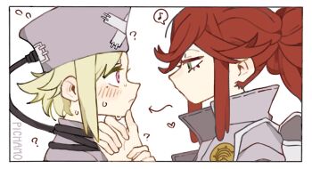 2girls bad_id bad_twitter_id blush chamopichamo eishia_stilza flipped_bangs folded_ponytail gachiakuta grey_hat grey_jacket hat highres jacket long_hair multiple_girls nurse_cap red_hair riyo_reaper sidelocks simple_background sweat upper_body white_background x_(symbol) yuri