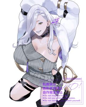 1girl arms_behind_head arms_up artist_name bare_shoulders black_boots blue_lips boots breasts choker cleavage collarbone commentary_request dress earrings english_text eyeliner fate/grand_order fate_(series) grey_dress grin hair_over_one_eye high_heel_boots high_heels highres hoop_earrings jacket jewelry kneeling large_breasts long_hair long_sleeves looking_at_viewer makeup mixed-language_text mrs._snake_(fate) off_shoulder smile solo sweater sweater_dress tassel thigh_boots twitter_username ushinoyavi white_hair white_jacket yellow_eyes