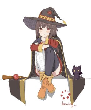 1girl :&lt; absurdres asymmetrical_legwear bandaged_leg bandages bat_wings black_cape black_cat black_gloves black_hat black_thighhighs blush_stickers boots bored brown_hair cape cat chomusuke closed_mouth commentary crossed_ankles dress fingerless_gloves gloves hat highres hugging_own_legs knees_up kono_subarashii_sekai_ni_shukufuku_wo! loading_icon loading_screen long_sleeves mage_staff megumin narrowed_eyes oborozuki_llt orange_boots pout red_dress red_eyes short_hair short_hair_with_long_locks single_thighhigh sitting solo staff thighhighs wings witch_hat yellow_eyes