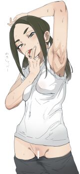 1girl :p arm_up armpits artist_name bar_censor black_eyes black_hair breasts censored clothes_pull covered_erect_nipples ettone female_pubic_hair forehead highres long_hair looking_at_viewer original pants pants_pull pubic_hair simple_background small_breasts solo tongue tongue_out white_background