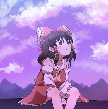 1girl :o ascot bare_shoulders between_legs black_hair blush bow breasts cloud commentary_request day detached_sleeves feet_out_of_frame frilled_bow frilled_hair_tubes frilled_shirt_collar frills hair_bow hair_tubes hakurei_reimu hand_between_legs medium_breasts medium_hair mountainous_horizon outdoors parted_lips red_bow red_skirt red_vest ribbon-trimmed_sleeves ribbon_trim rokugou_daisuke sitting skirt skirt_set sky solo touhou vest white_sleeves yellow_ascot
