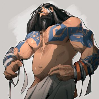 arm_tattoo bandaged_wrist bandages bara beard belly chest_hair chris_sdd facial_hair full_beard grey_background grey_hair highres league_of_legends long_hair loose_bandages male_focus mature_male muscular muscular_male nipples pectorals shoulder_tattoo signature simple_background strongman_waist tattoo thick_beard towel towel_around_waist udyr