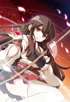 10s 1girl akagi_(kancolle) akaneya armor bad_id bad_pixiv_id bow_(weapon) breastplate brown_eyes brown_hair female_focus kantai_collection long_hair petals shirt skirt solo thighhighs very_long_hair weapon white_thighhighs wide_sleeves zettai_ryouiki