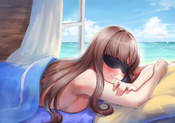 1girl absurdres beach bed_sheet blindfold blush breasts brown_hair cloud commission crossed_arms curtains day facing_viewer highres indie_virtual_youtuber indoors long_hair lost_(vtuber) lying medium_breasts naked_sheet nude ocean on_stomach open_window pillow sahara1127 skeb_commission sky smile solo sparkle under_covers virtual_youtuber water window wooden_wall