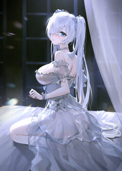 1girl absurdres ass bare_shoulders bed blue_eyes breasts cinderella_(glass_princess)_(nikke) cinderella_(nikke) commentary_request dress goddess_of_victory:_nikke hibiwa highres indoors large_breasts long_hair looking_at_viewer official_alternate_costume on_bed see-through_clothes see-through_dress sitting solo twintails very_long_hair wariza white_dress white_hair