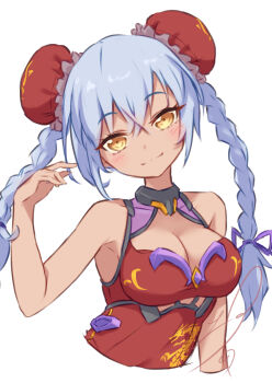 1girl absurdres blush braid breasts bun_cover china_dress chinese_clothes dark-skinned_female dark_skin double_bun dress frame_arms_girl grey_hair hair_bun highres hresvelgr_rufus hresvelgr_rufus_(qipao_ver.) long_hair looking_at_viewer medium_breasts smile soanote solo twin_braids upper_body yellow_eyes