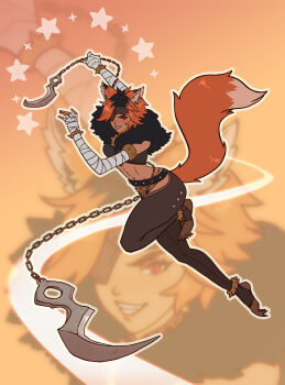 1girl absurdres animal_ears anklet bad_link bandaged_arm bandaged_hand bandages bare_shoulders belt black_belt black_hair black_nails black_pants blurry blurry_background bracelet chain chain_blades colored_extremities colored_eyepatch colored_skin crotchless crotchless_pants evil_smile eyepatch feet fighting_stance fingernails fur_collar gold_anklet gradient_background highres holding holding_weapon hook jewelry jumping knee_up light_blush maned_wolf manoela_(genis94) medium_hair messy_hair midriff motion_lines multicolored_fur multicolored_skin multiple_anklets multiple_bracelets nail_polish navel orange_background orange_fur orange_hair original outline pants red_eyes revealing_clothes see-through_silhouette sharp_teeth smile solarblessyou solo spiked_anklet spiked_bracelet spikes star_(symbol) stirrup_legwear studded_belt studded_pants tail tan teeth toeless_legwear toenail_polish toenails toes tomboy toned toned_female two-tone_fur two-tone_skin very_long_tail weapon white_outline wiggling_toes wolf_ears wolf_girl wolf_tail wrist_wrap yellow_background