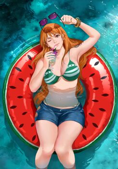 1girl absurdres adapted_costume armpits bare_shoulders bikini bracelet breasts brown_hair cleavage closed_mouth denim denim_shorts drink food_print from_above fruit_print green_bikini gumroad_username highres holding holding_drink holding_removed_eyewear innertube jewelry jyundee large_breasts long_hair looking_at_viewer midriff nami_(one_piece) nami_(one_piece)_(return_to_sabaody) navel on_innertube one_eye_closed one_piece orange_hair patreon_username shorts soaking_feet solo swim_ring swimsuit tropical_drink underboob unworn_eyewear watermelon_print whale_tail_(clothing)
