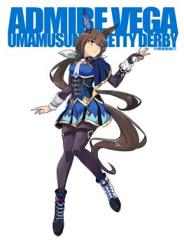 1girl absurdres admire_vega_(starry_nocturne)_(umamusume) admire_vega_(umamusume) animal_ears asymmetrical_footwear black_gloves black_pantyhose blue_capelet blue_dress bodice breasts brown_hair capelet closed_mouth dress ear_covers fingerless_gloves gloves hair_between_eyes highres horse_ears horse_girl horse_tail li_li_li_li_jun long_hair long_sleeves mismatched_footwear necktie pantyhose ponytail purple_eyes single_ear_cover smile solo tail thigh_strap umamusume white_necktie