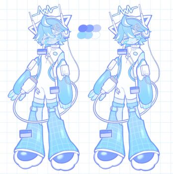 1boy adoptable androgynous android animal_ear_headphones animal_ears blue_theme cable cable_tail color_guide cyber_fashion fake_animal_ears grid_background headphones highres joints mechanical_arms mechanical_tail original reference_sheet robot_joints shirt skin_tight tail usb_cable white_shirt window_(computing) wire yappari