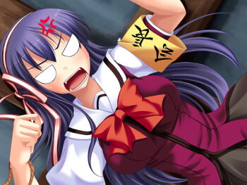 Rule 34 | 1girl, anger vein, angry, armband, arms up, blush, bow, bowtie, breasts, dutch angle, fang, fumizuki yukari, grey skirt, hair between eyes, hair ribbon, hara hara!!, indoors, long hair, looking at viewer, medium breasts, open mouth, purple hair, purple serafuku, red bow, ribbon, safety pin, school uniform, serafuku, short sleeves, shouting, skirt, solo, standing, suzumiya natsuki, upper body, v-shaped eyebrows, white eyes, yellow armband