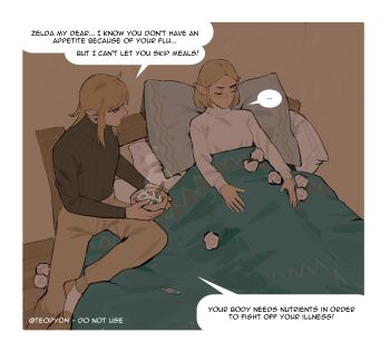 ... 1boy 1girl artist_name bed black_sweater blonde_hair brown_pants closed_eyes commentary couple english_commentary english_text fever food head_on_pillow hetero highres holding holding_plate indoors link long_hair nintendo on_bed pants pillow plate pointy_ears princess_zelda pyonteo sidelocks socks soup sweat sweater the_legend_of_zelda the_legend_of_zelda:_breath_of_the_wild the_legend_of_zelda:_tears_of_the_kingdom toilet_paper under_covers upper_body white_sweater