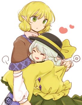 2girls anger_vein black_hat blonde_hair bow brown_shirt buttons closed_eyes closed_mouth clothes_pull commentary_request cowboy_shot diamond_button expressionless frilled_sleeves frills green_eyes green_skirt grey_hair hat hat_bow heart komeiji_koishi long_sleeves looking_at_another mizuhashi_parsee multiple_girls open_mouth pointy_ears shirt shirt_pull short_hair short_sleeves skirt smile spoken_anger_vein tama_(hiroshige_36) touhou yellow_bow yellow_shirt