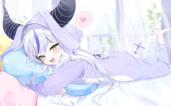1girl absurdres alternate_costume animal_hood blush commentary_request demon_girl demon_horns fang grey_hair heart highres hololive hood hoodie horns hugging_object la+_darknesss long_hair looking_at_viewer pajamas pillow pillow_hug piyokuma purple_streaks rabbit_hood skin_fang smile solo spoken_heart very_long_hair virtual_youtuber white_hoodie white_pajamas yellow_eyes