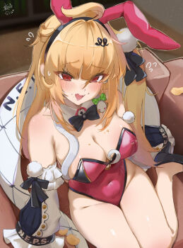 1girl absurdres alternate_costume animal_ear_hairband animal_ears black_bow black_bowtie black_ribbon black_shoes blonde_hair bow bowtie breasts chips_(food) cissia_(zenless_zone_zero) cleavage commentary_request crumbs detached_collar detached_sleeves fake_animal_ears flying_sweatdrops food from_above hair_between_eyes hair_ribbon hairband high_heels highres indoors large_breasts long_hair long_sleeves looking_at_viewer open_mouth playboy_bunny potato_chips rabbit_ears red_eyes ribbon shoes sia233333 side_ponytail sitting smile solo zenless_zone_zero