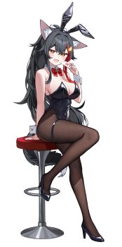 1girl absurdres alternate_costume animal_ear_fluff animal_ears bare_shoulders black_hair black_leotard black_shoes blush bow bowtie breasts brown_pantyhose card cleavage deaver detached_collar fake_animal_ears highres holding holding_card hololive large_breasts leotard long_hair looking_at_viewer multicolored_hair ookami_mio open_mouth pantyhose playboy_bunny rabbit_ears red_bow red_bowtie red_hair shoes simple_background sitting solo stool streaked_hair tail virtual_youtuber white_background wolf_ears wolf_girl wolf_tail yellow_eyes