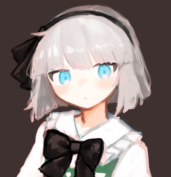 1girl black_bow black_bowtie blue_eyes blunt_bangs blush bow bowtie brown_background closed_mouth collared_shirt expressionless green_vest hairband konpaku_youmu looking_at_viewer medium_hair natucurage shirt solo touhou upper_body vest white_hair white_shirt
