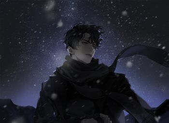 1boy aegyo_sal black_coat black_eyes black_hair black_scarf black_shirt blackbox_(blackbox9158) coat curtained_hair fringe_trim highres male_focus night omniscient_reader&#039;s_viewpoint open_clothes open_coat outdoors parted_lips scarf serious shirt short_hair snowing solo upper_body yoo_joonghyuk