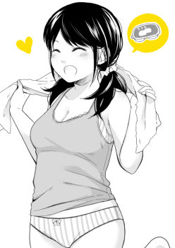 1girl 1ldk_+_jk_ikinari_doukyo?_micchaku!?_hatsu_ecchi!!? bra breasts cleavage closed_eyes commentary_request fumizuki_sou greyscale heart medium_breasts military_vehicle misaki_akane monochrome motor_vehicle open_mouth panties solo standing standing_on_one_leg striped_bra striped_clothes striped_panties tank towel towel_around_neck underwear