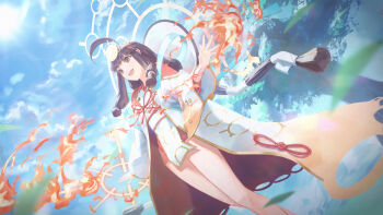 1girl ahoge black_hair blue_sky cloud commentary_request from_below hair_ornament highres long_hair long_legs long_sleeves open_mouth original pelvic_curtain red_ribbon ribbon sky tokaki tree wide_sleeves