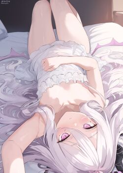 1girl absurdres ahoge arm_up bare_arms bare_shoulders bedroom black_halo black_horns blue_archive blush breasts closed_mouth collarbone covered_navel demon_girl demon_horns demon_wings dot_nose dress flat_chest frilled_dress frills hair_between_eyes hair_over_shoulder halo hand_on_own_stomach highres hina_(blue_archive) horns indoors loli long_hair looking_at_viewer low_wings lying nekoya_(liu) on_back on_bed pillow purple_eyes slit_pupils small_breasts solo strap_slip thighs very_long_hair white_dress white_hair wings