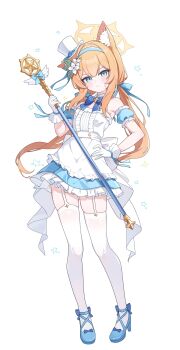 &gt;:( 1girl absurdres alternate_costume alternate_hairstyle arm_scrunchie bare_shoulders blue_archive blue_bow blue_bowtie blue_dress blue_eyes blue_headband blue_ribbon blue_shoes blush bow bowtie center_frills closed_mouth collar commentary detached_collar detached_sleeves dress floating_hair flower footwear_bow frilled_dress frilled_sleeves frills frown full_body furrowed_brow garter_straps gloves hair_bow hair_flower hair_ornament halo hand_on_own_hip hand_up hat headband high_heels highres holding holding_staff long_hair looking_at_viewer low_twintails magical_girl mari_(blue_archive) mini_hat mini_top_hat nonddu orange_hair ribbon shoes short_sleeves simple_background skindentation solo split_mouth staff standing star_(symbol) sweatdrop symbol-only_commentary thigh_strap thighhighs top_hat twintails two-tone_dress v-shaped_eyebrows very_long_hair white_background white_collar white_dress white_flower white_gloves white_hat white_ribbon white_thighhighs yellow_halo zettai_ryouiki