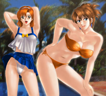 Rule 34 | 2girls, agent aika, aida rion, aika (series), armpits, arms behind head, asymmetrical bangs, bare arms, bare legs, bare shoulders, bikini, blue eyes, blue skirt, breasts, brown eyes, brown hair, cleavage, closed mouth, collarbone, day, earrings, folded ponytail, glasses, hair between eyes, hairband, head tilt, highleg, highleg panties, highres, jewelry, legs, lips, lipstick, looking at viewer, makeup, medium breasts, midriff, miniskirt, multiple girls, navel, neck, non-web source, open mouth, orange bikini, orange hair, orange lips, outdoors, palm tree, panties, pantyshot, pleated skirt, pool, short hair, side-tie bikini bottom, skirt, small breasts, smile, standing, strapless, strapless bikini, sumeragi aika, swimsuit, toten (der fuhrer), tree, underwear, water, white hairband, white panties