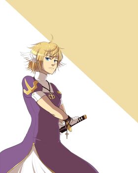 1girl animated animated_gif blonde_hair blue_eyes chasewalk closed_mouth commentary cowboy_shot cross cross_necklace drawing_sword dress english_commentary expressionless feathered_wings head_wings holding holding_sword holding_weapon jewelry katana looking_at_viewer mask necklace oni_mask petticoat priest_(ragnarok_online) puffy_short_sleeves puffy_sleeves purple_dress ragnarok_online short_hair short_sleeves solo sword weapon white_wings wings