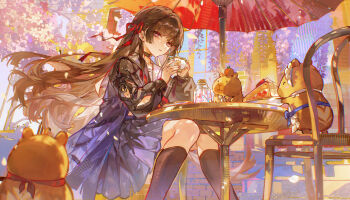 1girl absurdres arm_cutout black_choker black_hair black_jacket black_serafuku black_shirt black_skirt black_socks cake cake_slice chinese_commentary chisa_(wuthering_waves) choker clothing_cutout colyba commentary_request cup food hair_ribbon highres holding holding_cup jacket long_hair long_sleeves looking_at_viewer namipon_(wuthering_waves) parted_lips red_eyes red_ribbon ribbon school_uniform serafuku shirt sitting skirt socks solo table wind wuthering_waves